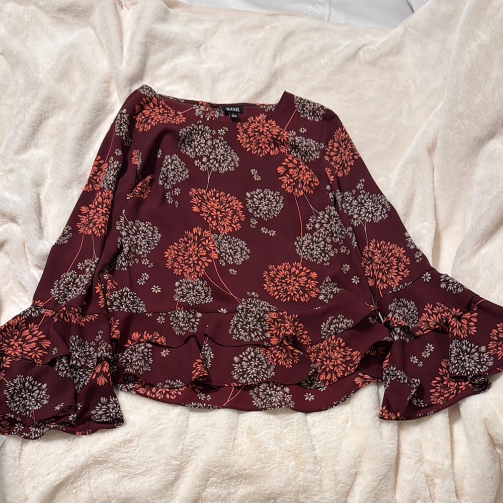 a.n.a Maroon Floral Bell Sleeve Blouse